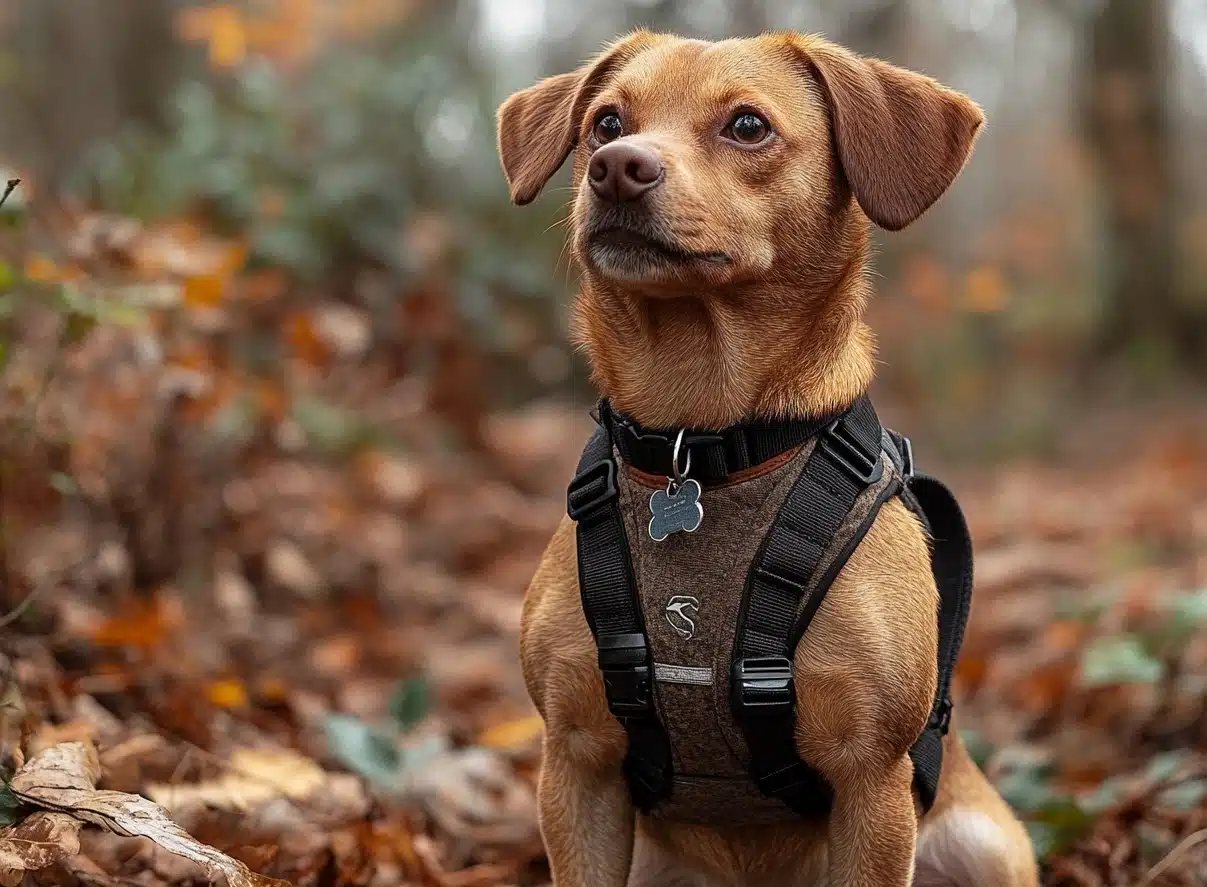 Hund mit Sicherheitsgeschirr